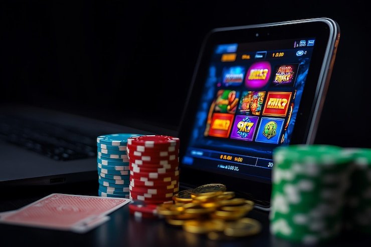 Dealer profesional di meja blackjack slot2d dengan kartu, chip, dan live feed HD